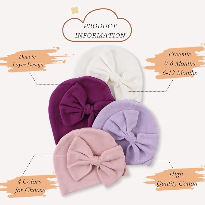 Bamery Newborn Baby Girl Hat Cotton Baby Bow Beanie Preemie Hats Spring Infant Hats for Girls 0-12 Months