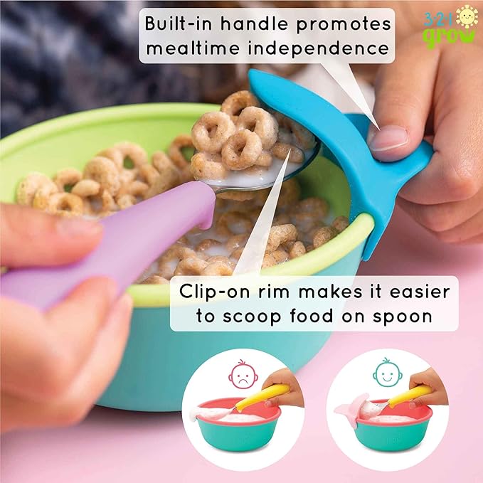 Silicone Easy Scoop & Hold Bowl Set – Adaptive Baby & Toddler Feeding Bowls with Clip-On Rim and Handle – Helps Build Independence & Coordination – 2 Pack – Dishwasher Safe (Grape)
