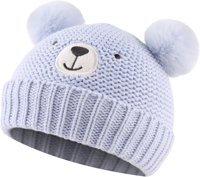 JANGANNSA Cute Bear Baby Beanie Pompom Baby Boys Hat Infant Toddler Winter Knitted Beanies for Girls