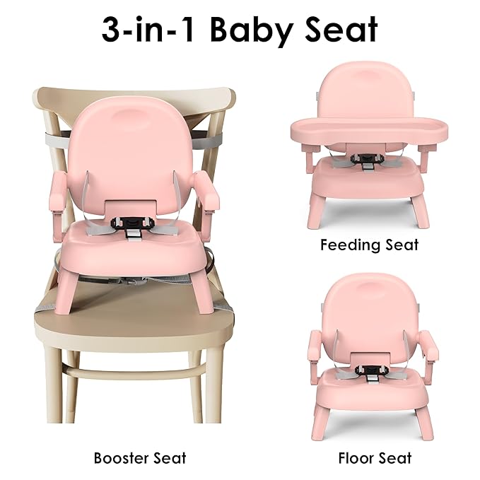 Bella’s Friends 3-in-1 Toddler Booster Seat for Dining Table and Kitchen Chair with Adjustable Tray and Safety Straps, Foldable&Portable Baby Seat for Travel, Feeding, and Floor Use, Pink