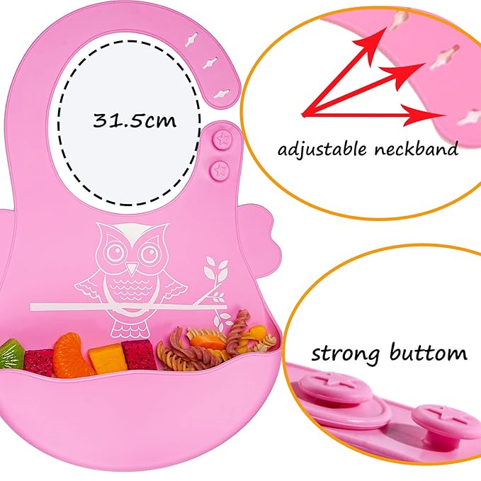 Baby Toddler Silicone Suction Plate with Spoon&Fork And Adjustable Bib Set,Silicone Baby Feeding Utensils Set，Baby Toddler Led Weaning Supplies Set-Pink Owl Set