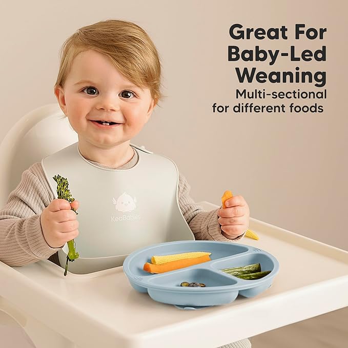 KeaBabies Suction Plates with Lids for Baby - 3-Pack 100% Silicone Toddler Plates with Suction, Divided, BPA-Free Baby Led Weaning Essentials for Kids, Dishwasher, Microwave Safe, Durable (Amethyst)