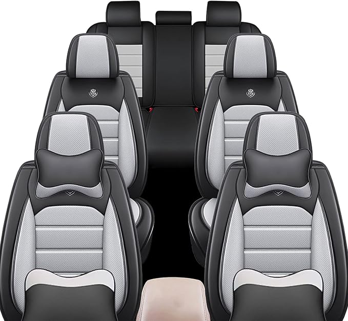 JOJ Fit for Toyota Highlander 2001-2022 Seat Covers,7 Seat Car Seat Cover,No-Slip Waterproof Breathable Faux Leather Automotive Seat Covers Auto Interior Covers,Full Set with Pillow,Black Gray