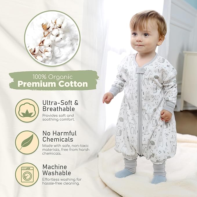 Mama Cheetah Toddler Sleep Sack with Feet, Long Sleeve 1.0 TOG Organic Cotton Baby Sleeping Bag with Legs, Wearable Blanket for Walkers with 2-Way Zipper, Toddler Blanket for Girls and Boys 2T, 2-Pack