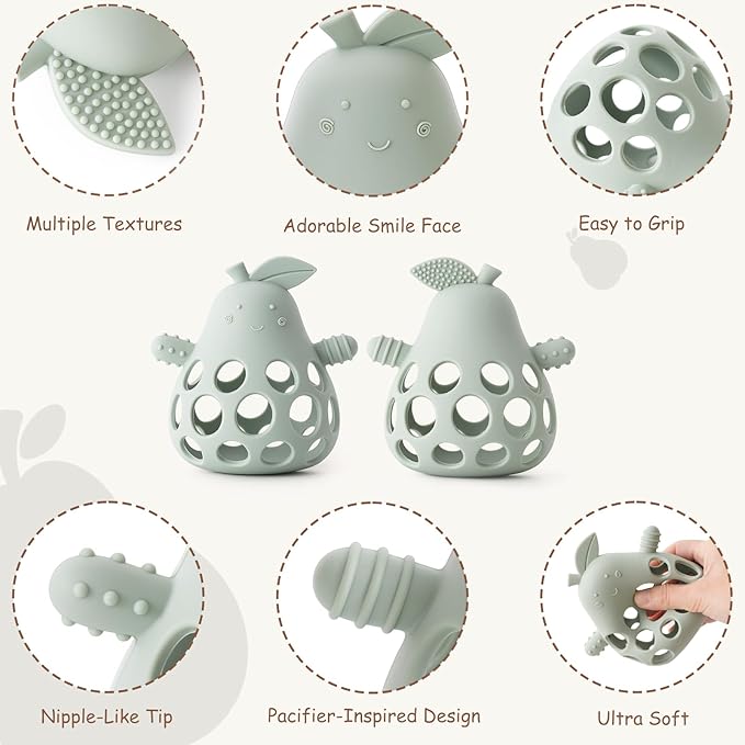 Baby Teething Toy Silicone Teether for Infants, Pear-Shaped Design with Easy-Grip Hole and Nipple-Shaped Ends for Gum Massage & Sensory Development, BPA-Free Safe Baby Chew Toy YIVEKO-Ivory+Sage