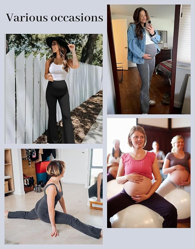 Fotociti Maternity Flare Leggings with Pockets, Women’s Soft Pregnancy Pants Over The Belly For Yoga Workout Active