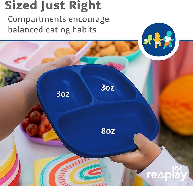Re-Play Toddler Plates with Dividers & Silicone Lid - Deep-Walled 3 Compartments Divided Plates for Kids - Dishwasher/Microwave Safe - Made in USA - Set of 4-7.37" x 7.37" x 1.25" - A True Blue