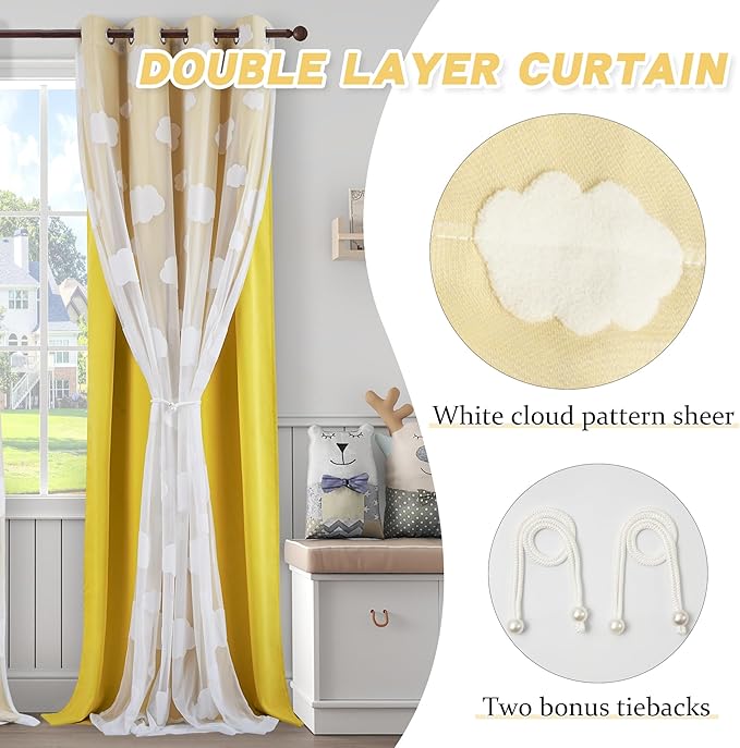 Yellow Double Layer Curtains for Bedroom Room Darkening Kids Curtains 95 Inches Long Cloud Pattern Sheer Curtains Grommet Top for Living Room Set of 2 Panels, 52 X 95 Inch