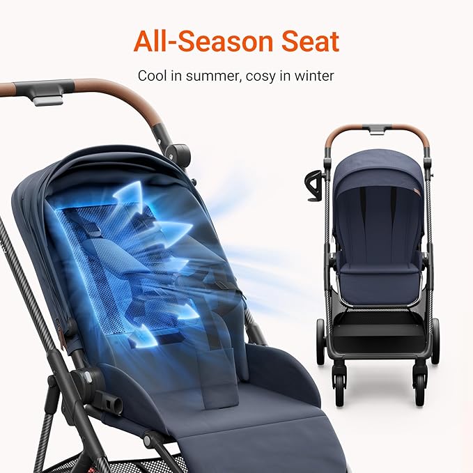 MAMAZING Air Lux Baby Stroller with Bassinet & Infant Car Seat Adapter, Lightweight Compact Carbon Fiber Frame, One-Hand Fold, Reversible Seat, Space-Saving Storage