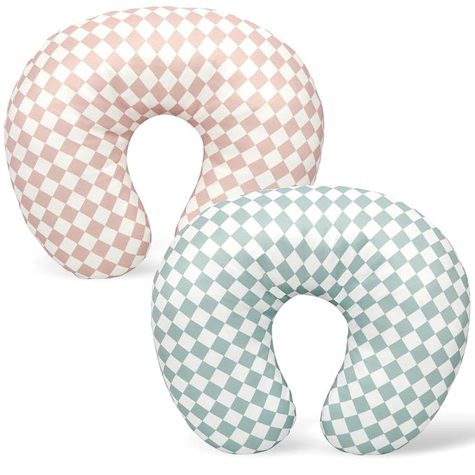 FEBSNOW 2 Pack Baby Nursing Pillow Cover, Stretchy Soft Cotton Nursing Cover for Breastfeeding Pillow Removable Comfortable Baby Feeding Slipcovers for Boy Girl, Checkerboard