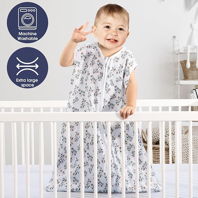 2 Pack Baby Sleep Sack 0-6 Months 100% Organic Cotton Muslin Baby Sleeping Bag 2-Way Zipper Wearable Blankets (Rainbow & Leaf, Small)