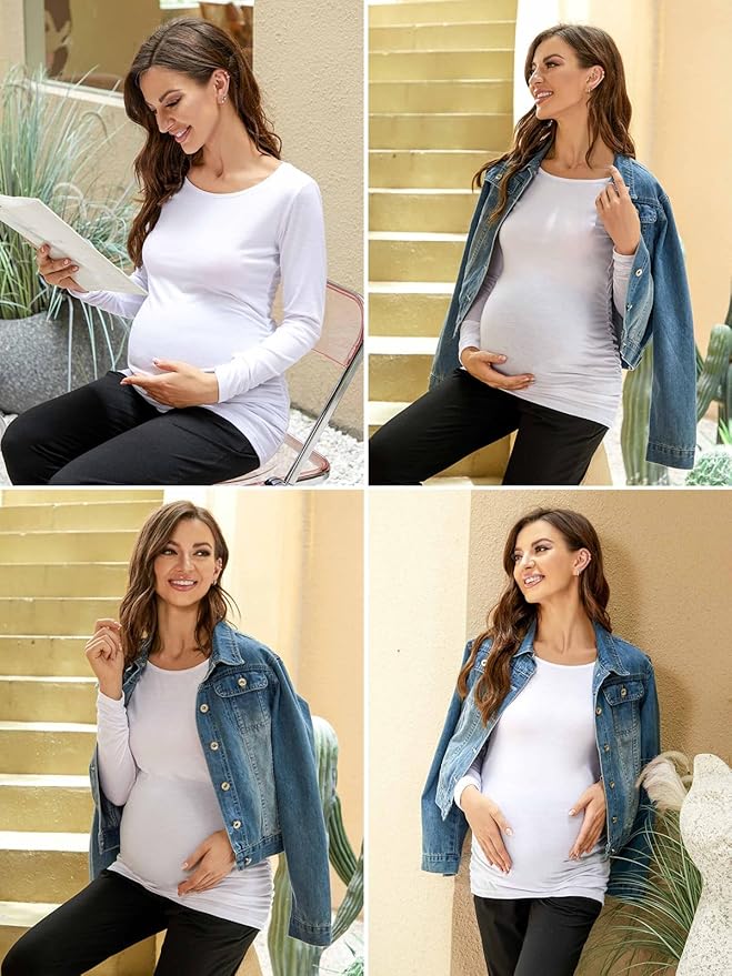 Ecavus Women's Maternity Shirts Long Sleeve Soft Stretchy Pregnancy Tops Side Ruched Casual Mama Clothes