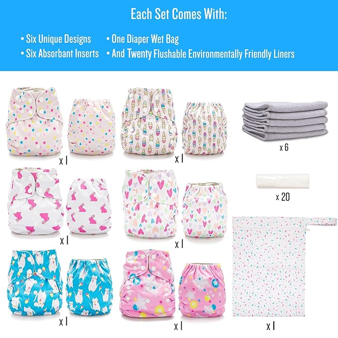 Simple Being Reusable Cloth Diapers, Double Gusset, One Size Adjustable, Washable Soft Absorbent, Waterproof Cover, Unisex Baby Girl Boy, Six Microfiber Inserts (Sweet)