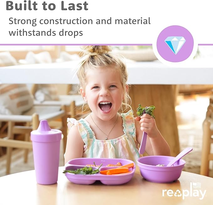 Re-Play Toddler Plates with Dividers - Deep-Walled 3 Compartments Divided Plates for Kids - Dishwasher & Microwave Safe - Made in USA - Set of 3-7.37" x 7.37" x 1.25" - Cool Blue