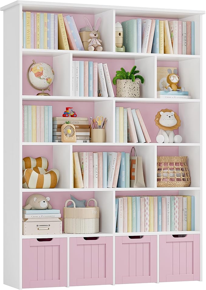 FINETONES 69" H Toy Storage Organizer, 6 Tier Tall Kids Bookshelf with 4 Movable Drawers and 12 Storage Cubbies, 49.4" W Toy Organizers and Storage Organizer Playroom Storage for Kids Room, Pink