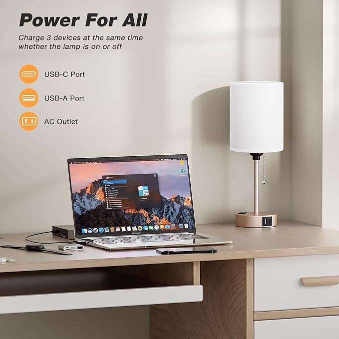Small Bedside Table lamp for Bedroom - 3 Color Temperatures Bedside Lamps with USB C and A Ports, Pull Chain Table Lamps with AC Outlet, Gold Nightstand Lamps with White Shade for Kids Reading