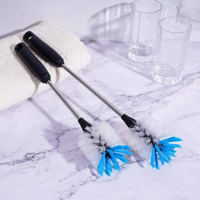 Stainless Steel Bottle Brush with Replaceable Head, 2 Pack Long Handle Scrubbing Brush for Water Bottles, Glasswares, Mugs, Flasks, Tumblers, Vases, and Kitchen Sink, 15 in
