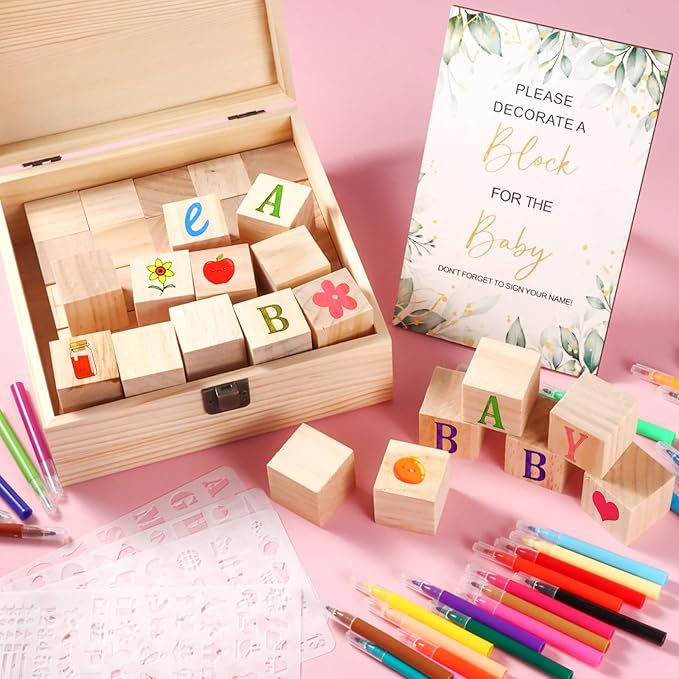 Draupnir 92 Pcs Fun Baby Shower Games Sign Kit Babies Coloring Blocks for Baby Shower, Wooden DIY Blank Blocks Freehand Painting with 36 Paint Markers