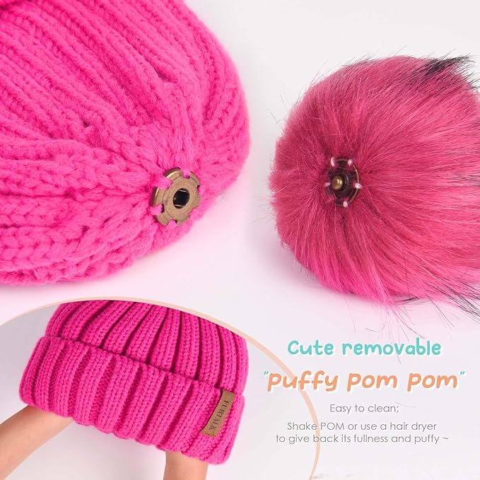 FURTALK Kids Winter Hat Toddler Knitted Beanie with Faux Fur Pom Poms for Baby Girls Boys