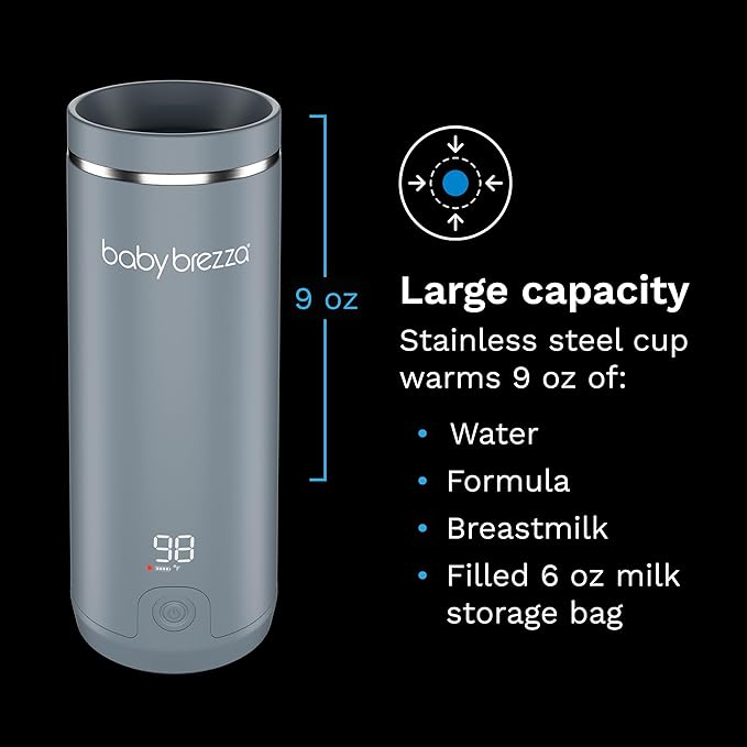Baby Brezza Portable Warmer – 67% Faster Baby Bottle Warming - Travel Breastmilk and Formula Warmer - Safe, Even Heating - Up to 9oz - No Adapters, Grey