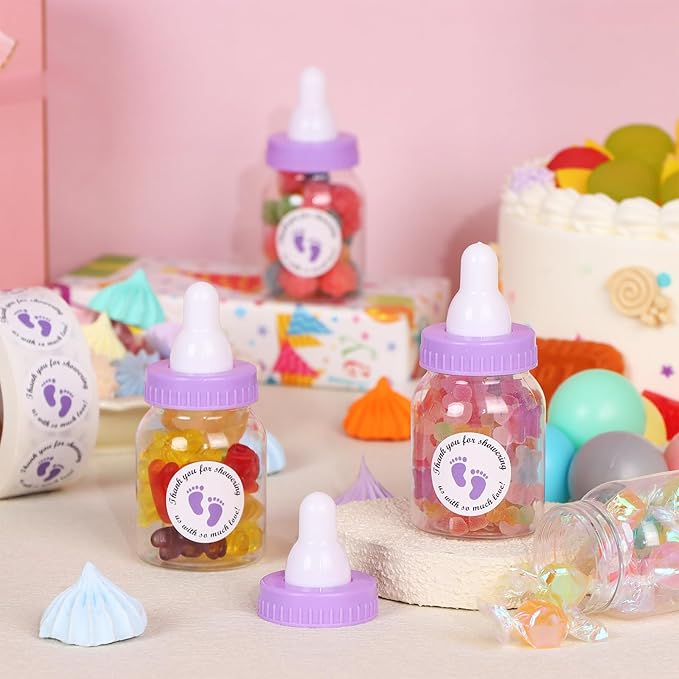 62 Pcs 3.5 Inch Baby Mini Milk Bottle Baby Shower Favor with 500 Adhesive Thank You for Showering Stickers, Small Plastic Candy Bottle DIY Gift for Boy Girl Newborn Baptism Party Decor (Purple)