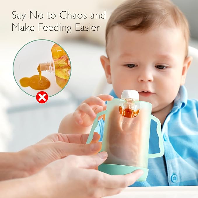Momcozy Baby Pouch Holder No Squeeze, Baby Food & Juice Box Holder, Mess-Free, Easy Grip for Self-Feeding, BPA-Free & DEHP-Free, Must-Have for Babies, Green