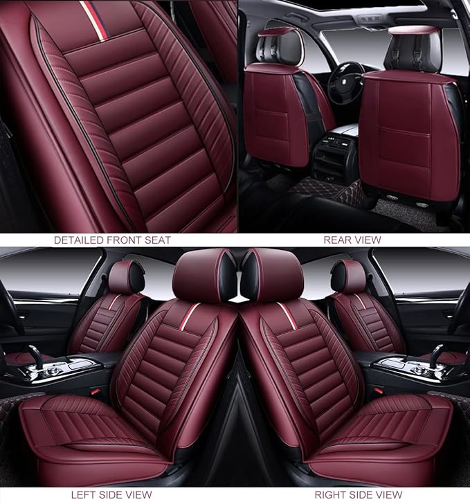 OASIS AUTO Car Seat Covers Premium Waterproof Faux Leather Cushion Universal Accessories Fit SUV Truck Sedan Automotive Vehicle Auto Interior Protector Front Pair (OS-001 Burgundy)