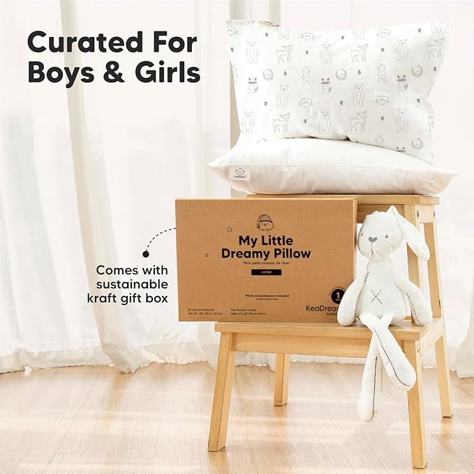KeaBabies Toddler Pillow with Pillowcase, Jumbo 14X20 - Soft Organic Cotton Toddler Pillows for Sleeping - Machine Washable - Perfect for Travel, Toddler Bed Set (Bumble Bear)