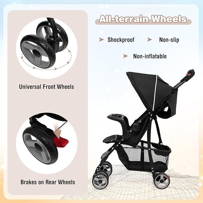 Baby Joy Lightweight Stroller, Compact Toddler Travel Stroller for Airplane, Infant Stroller w/Adjustable Backrest/Footrest/Canopy, 5-Point Harness, Storage Basket, Easy One-Hand Fold, Black