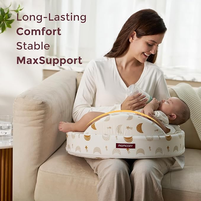 Momcozy Innovative Safety Fence Nursing Pillow - Firm & Springy Memory Foam - Stable, Ergonomic Support & Comfort - Wider Breastfeeding Cushion, Adjustable, Removable Cover, Baby Safety Certified