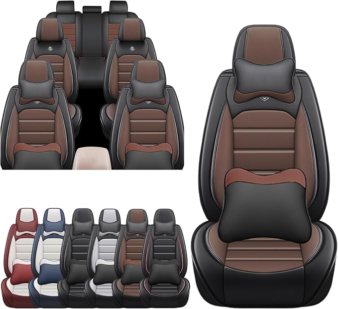 JOJ Car Seat Cover Fit for Toyota Highlander 2001-2025,7 Seat Car Seat Cover,No-Slip Waterproof Breathable Faux Leather Automotive Seat Covers Auto Interior Covers,Full Set with Pillow,Black Coffee