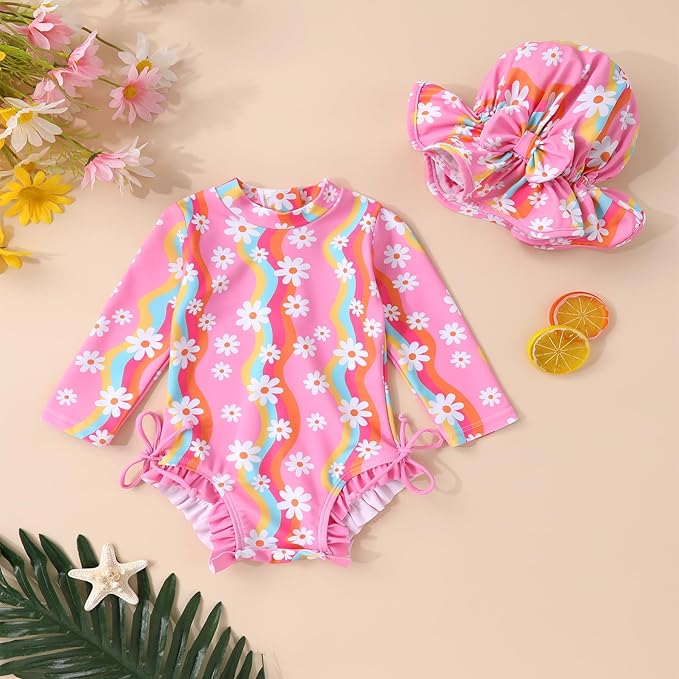 Infant Baby Girl Swimsuit One-Piece Long Sleeve Rash Guard with Hat Set Floral Zipper Bathing Suit Leopard Beach Wear