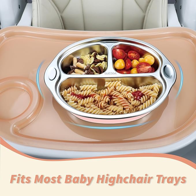 MR. CHOU Stainless Steel Divided Toddler Plate, Suction Baby Plates for Baby & Toddler, Dishwasher Safe, Pink