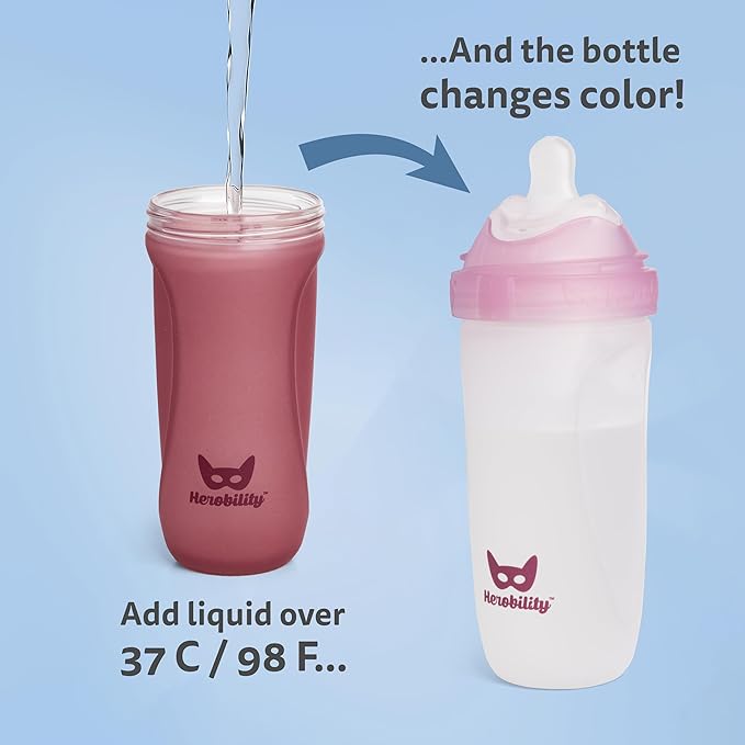 Herobility Glass Baby Bottle - 11 fl oz/320 ml - 3 Pack | Heat Sensing Color-Changing Bottle with Double Anti-Colic Nipple - Silicone Coating - Breastlike Nipples for Newborn Babies - Rose Color