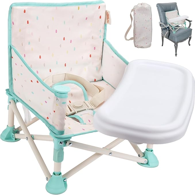 Tiny Marvels Portable 3-in-1 Baby Chair, Cozy Booster Seat, Baby Seat with Tray, Compact Foldable, Toddler Chair with Child Safety Belt Carry Bag, Perfect for Travel (Cream Confetti)
