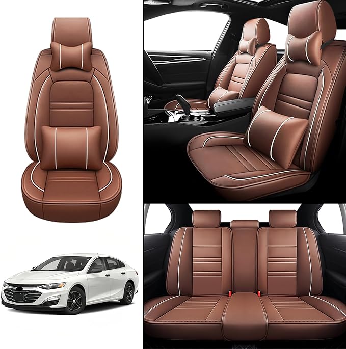 Car Seat Covers for Chevy Malibu 2004-2025 | 5-Seats Seat Covers, Waterproof Seat Protectors, Automotive Seat Covers (Full Set with Pillow,Coffee)
