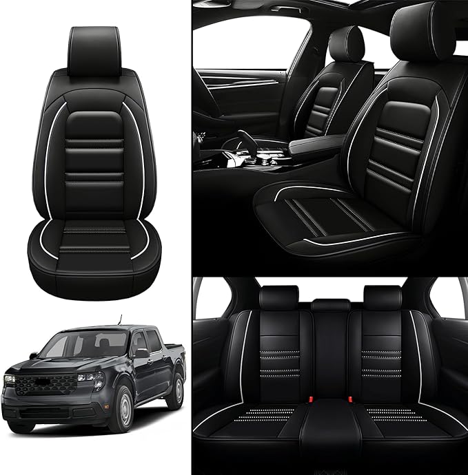 Seat Covers for Ford Maverick 2022-2025 | 5-Seats Leather Seat Covers, Easy to Install Automotive Seat Covers Full Set (Full Set, Black&White Line)