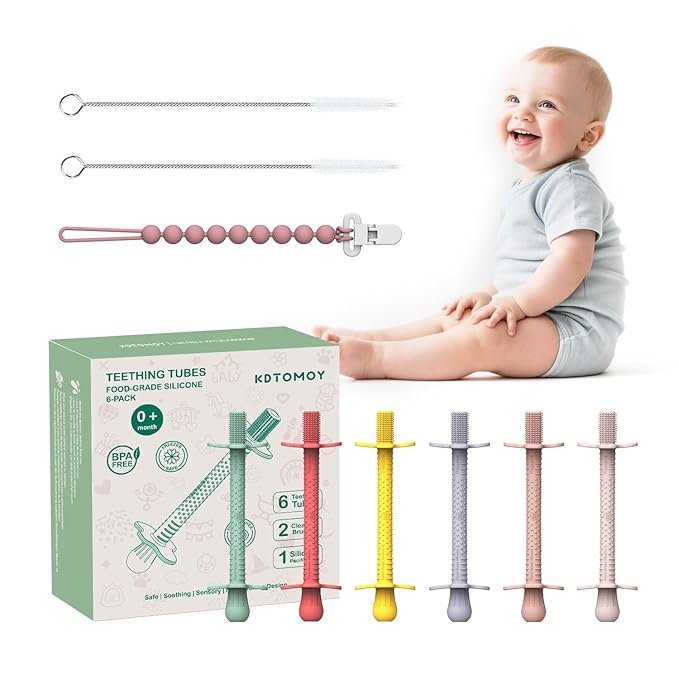 Baby Teething Straws, Silicone Tube Teethers for Babies 3+ Months, Shielded Hollow Infant Teether Sticks Toddlers Teething Relief Toys, Baby Chew Gifts 6 Pack (Rose Pink Lavender Mint Yellow Red)