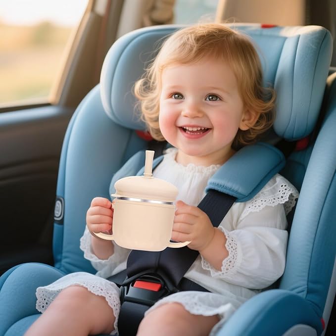 BUSOHA Stainless Steel Sippy Cups - 3 IN 1 Silicone Sippy Cup for Toddlers Baby Straw Cup with Brush Kids Cups with Lid and Silicon Straw Anti-Drop Spill Proof Cups for Travel,8 oz, Beige