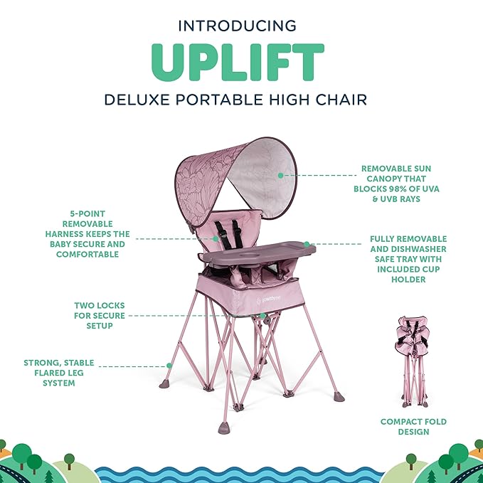 Baby Delight Go with Me Uplift Deluxe Portable High Chair | Travel High Chair | Sun Canopy | Indoor and Outdoor | Canyon Rose