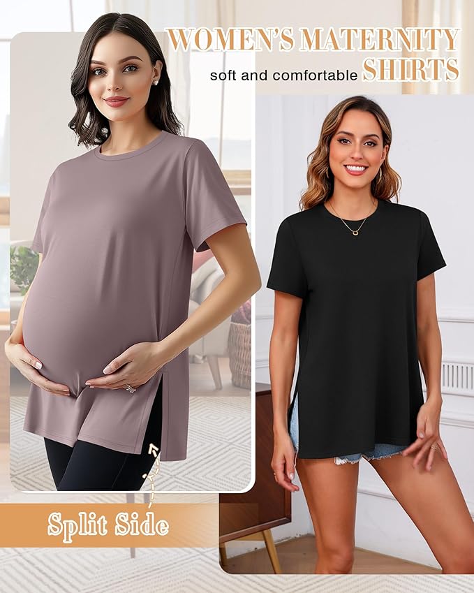 Ficerd 3 Pack Women's Maternity T Shirts, Short Sleeve Side Split Pregnancy Tops Casual Crew Neck Pregnant Tees Mama Clothes