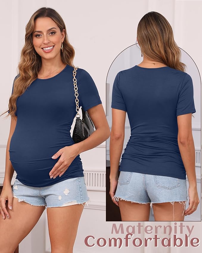 Huukeay 4 Pack Women's Maternity Shirts, Crew Neck Maternity Top Short Sleeve Casual Cotton Tee Side Ruched Pregnancy Clothes