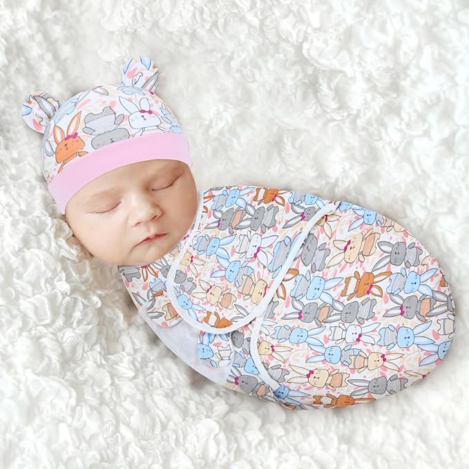 Cinaci 2 Pieces Adjustable Soft Cotton Baby Swaddle Sleep Sacks Hats Newborn Nursery Caps Beanies Bonnets Swaddle Blanket Wraps for Baby Girls Boys Infants Newborns (2PCS S5)