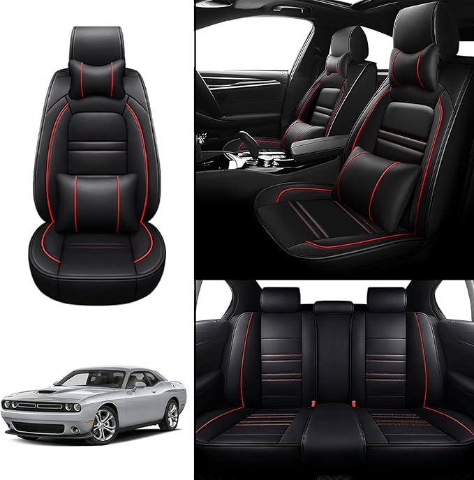 Car Seat Covers for Dodge Challenger 2008-2023 | 5-Seats Seat Covers, Waterproof Seat Protectors, Automotive Seat Covers (Full Set with Pillow,Black&Red Line)