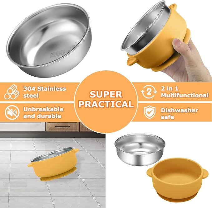 2 Pack Stainless Steel Baby Bowls with Removable Non-Slip Silicone Suction Shell and Lids, Anti Scald Food Container for Baby Food Feeding-Skyblue & Yellow