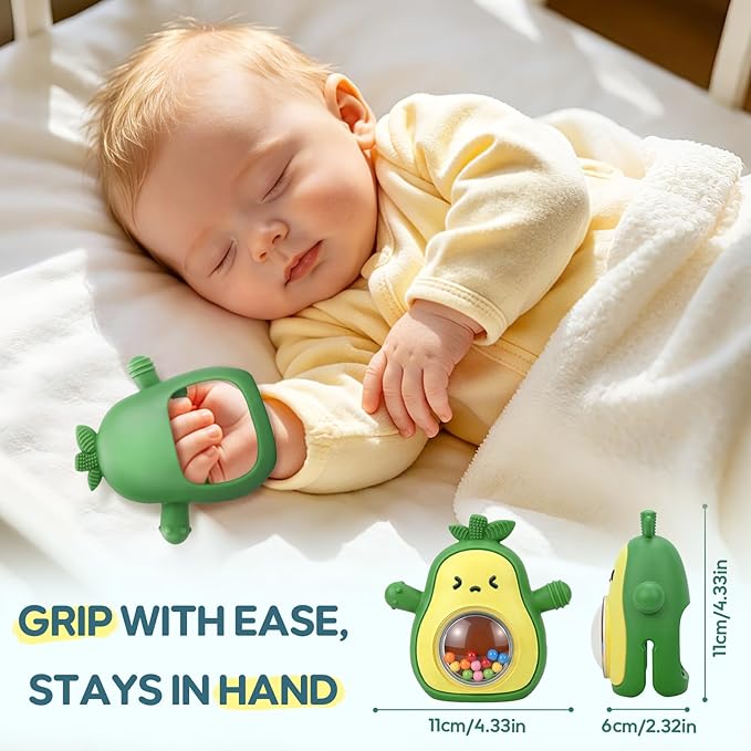 Avocado Baby Teething Toys 3-6 6-12 Months, Baby Teething Mitten with Rattle, Newborn Silicone Teether Chew Toys for Infants 3 6 9 12 18 Months, Baby Shower Gifts for Boys Girls