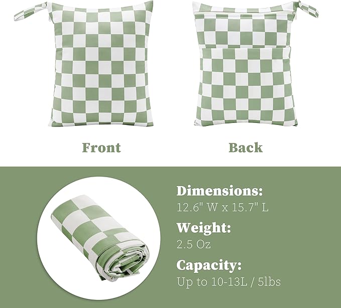 Sage Green Checkered Waterproof Wet Dy Diaper Bag for Baby Essentials, Travel, Swimsuit, Beach Bag Accessories, Aesthetic Trendy Cute Toddler Baby Cloth Bag Pouch, Pack of 2