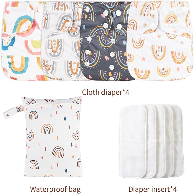 HappyFlute 9 Sets Newborn Baby Cloth Pocket Diapers Adjustable Reusable for Baby Boys and Girls(6-33 pounds,0-3 Years),One Wet Bag+4Diapers and 4Inserts (AD06)