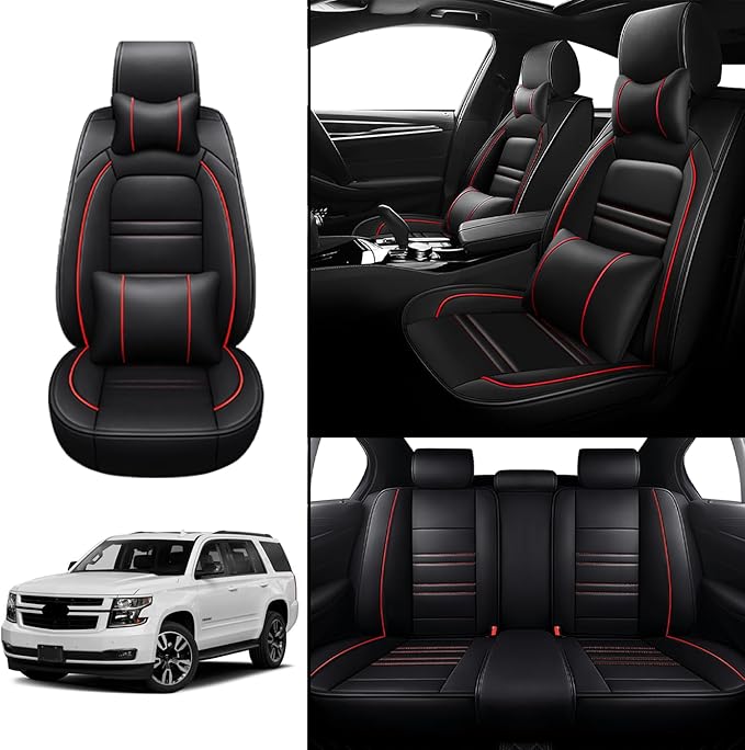 Car Seat Covers for Chevy Tahoe 1995-2025 | 5-Seats Seat Covers, Waterproof Seat Protectors, Automotive Seat Covers (Full Set with Pillow,Black&Red Line)