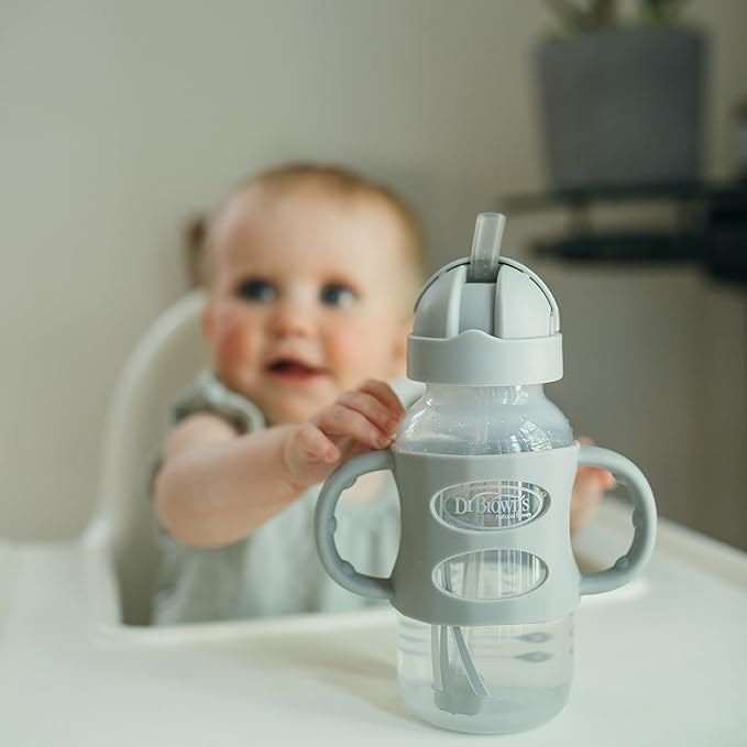 Dr. Brown's Milestones Wide-Neck Sippy Straw Bottle with 100% Silicone Handles and Weighted Straw, 9 oz/270 mL, Gray & Green, 6m+ (Pack of 6)